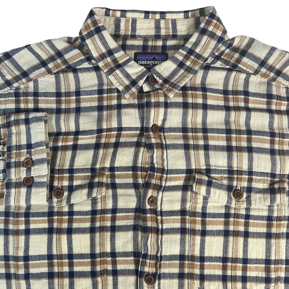Patagonia Steersman Button Down Shirt Mens M Cream Brown Plaid Organic Cotton - Picture 1 of 7
